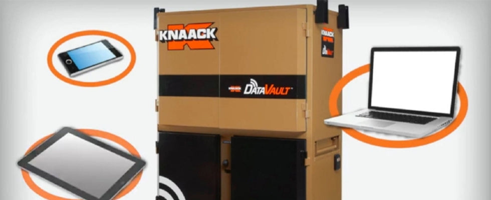 Knaack DataVault with laptop, phone, and Ipad